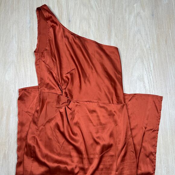 Missguided Rust Orange Satin One Shoulder Draped Slit Midi Cocktail Dress 4 - Picture 2 of 14